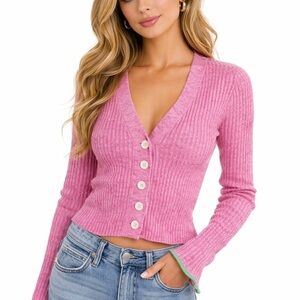 Pink Ribbed V-Neck Sweater cuff detail XS by Wispr